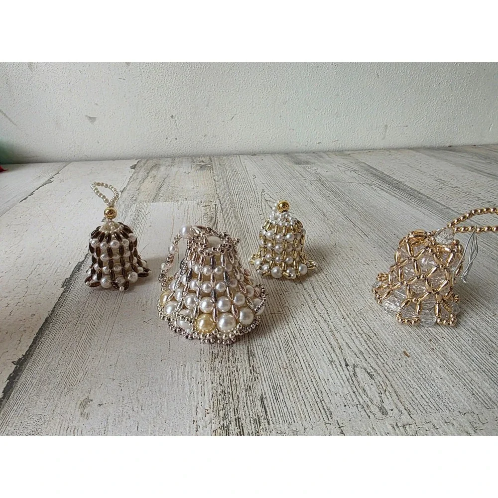Vintage beaded Bell Pearl ornament set Xmas tree silver gold ornament